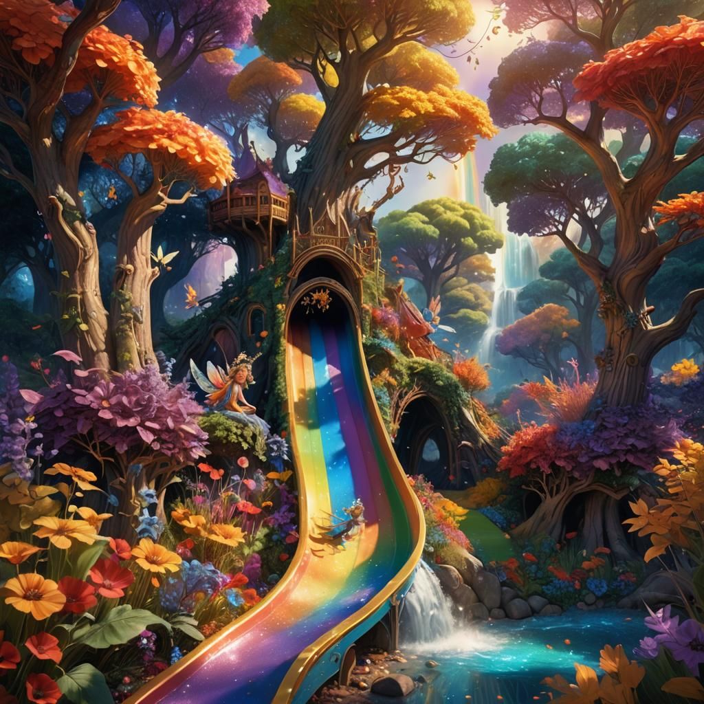 Fairies on Rainbow Slide in Whimsical Landscape