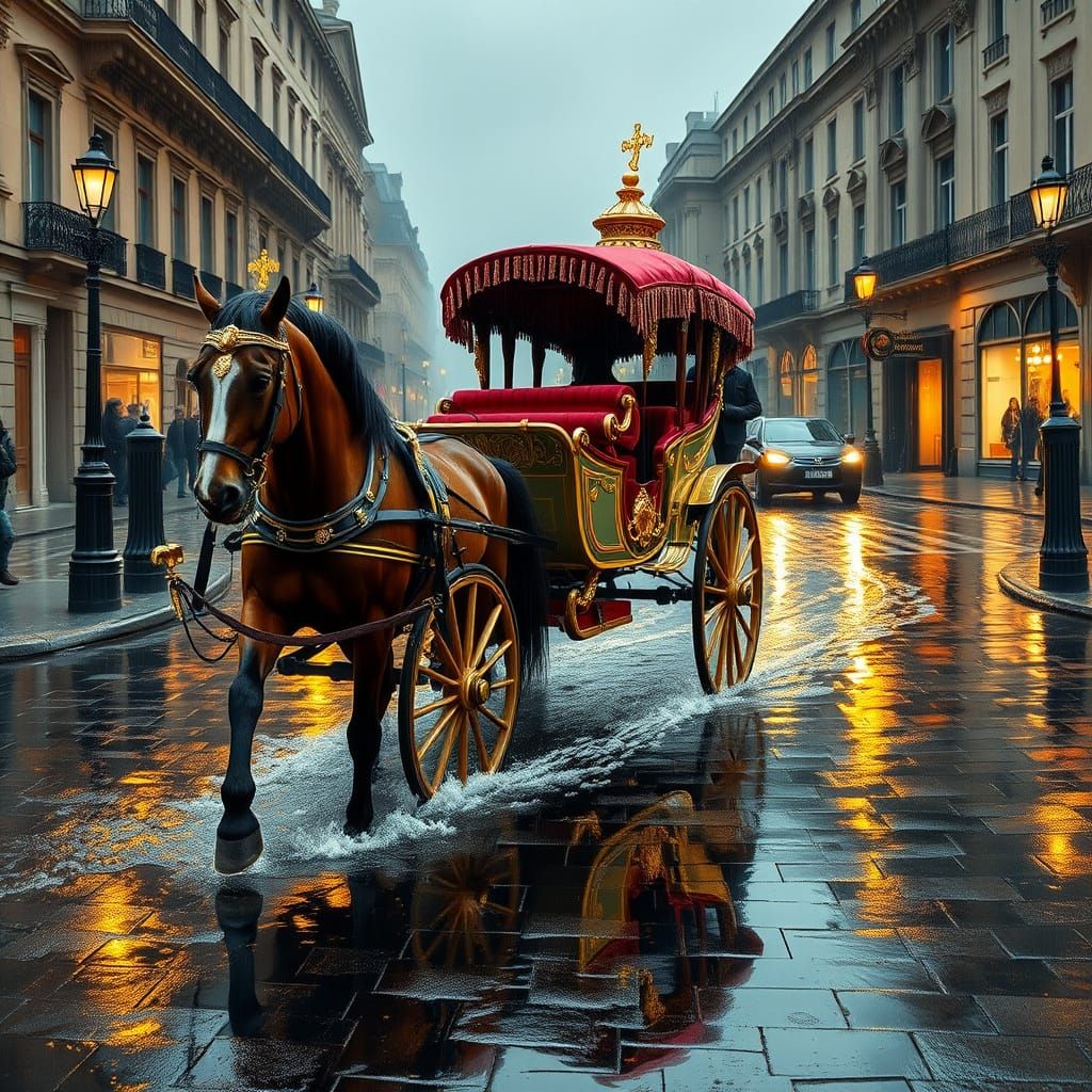 Majestic Horse-Drawn Carriage in Rainy Cobblestone Street Sc...