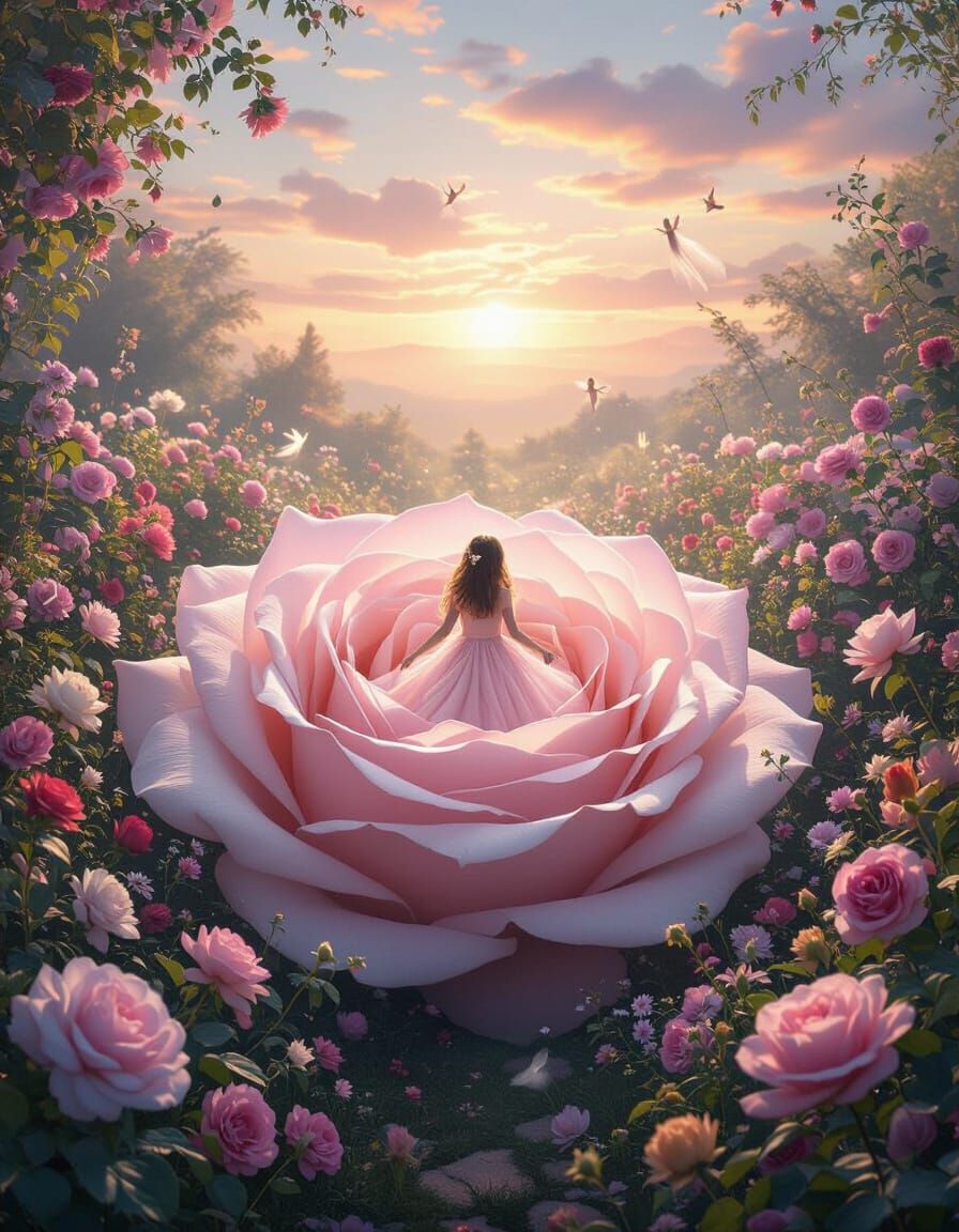 Girl Awakens From Giant Rose in Misty Garden