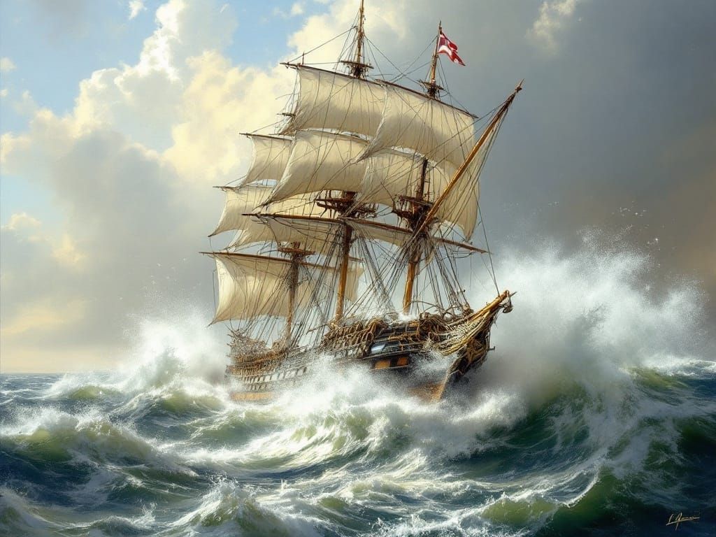 Schooner Battles Turbulent Seas in Golden Light