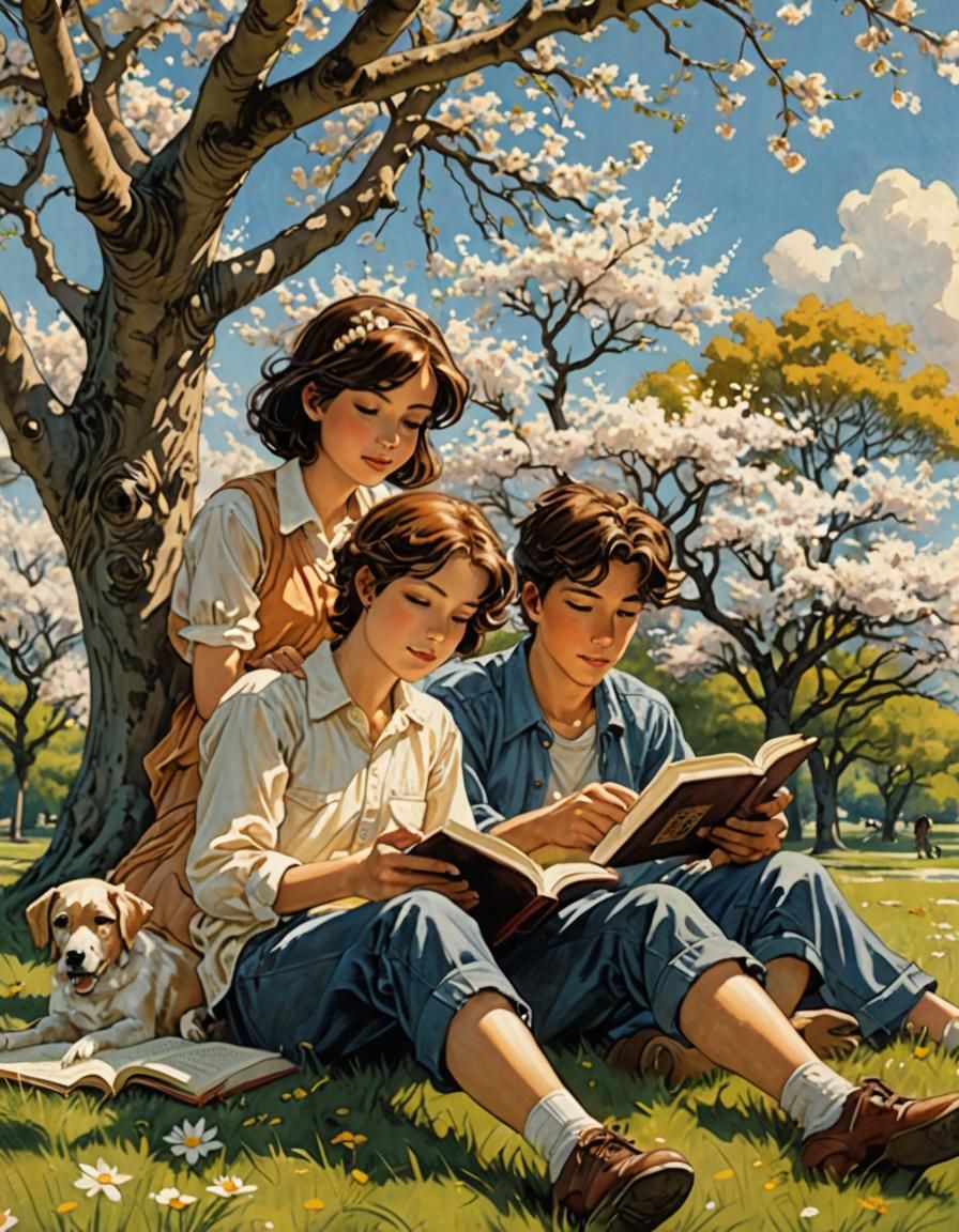 Brother and Sister Reading Under Tree in Anime Style