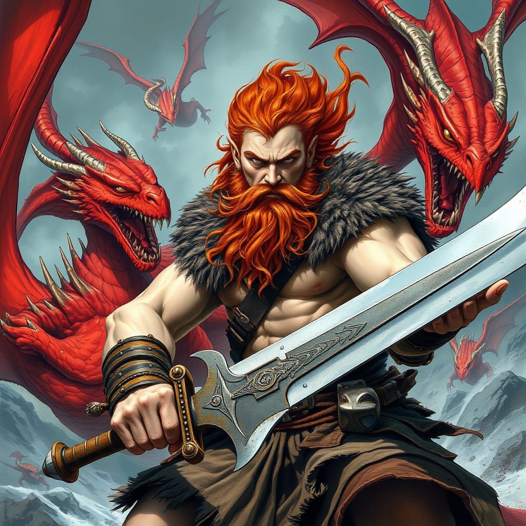 Viking Warrior Battles Red Dragon in Fantasy Art Style