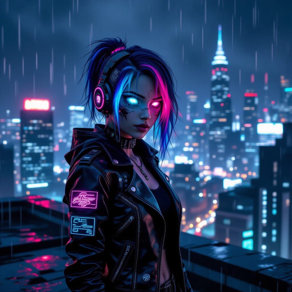Cyberpunk Girl on Rooftop Overlooking Neon City