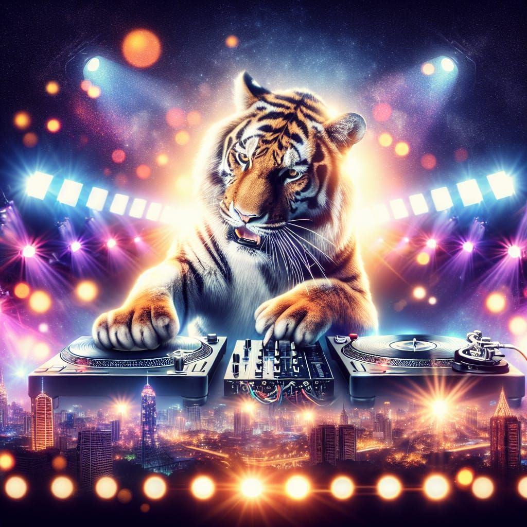 Tiger DJing in Nightclub with Disco Lights and Skyline