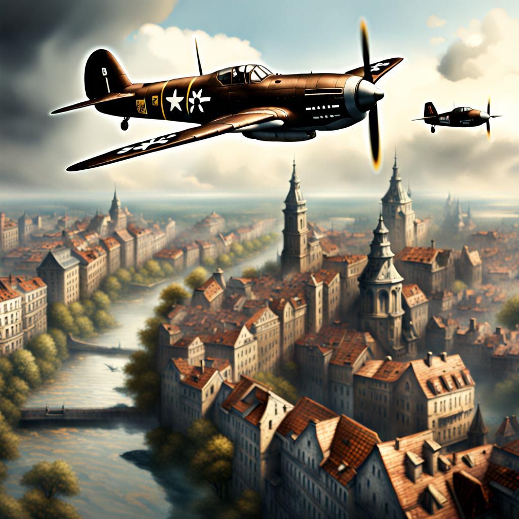 P-47 Thunderbolt Over War-Torn City: Digital Matte Painting