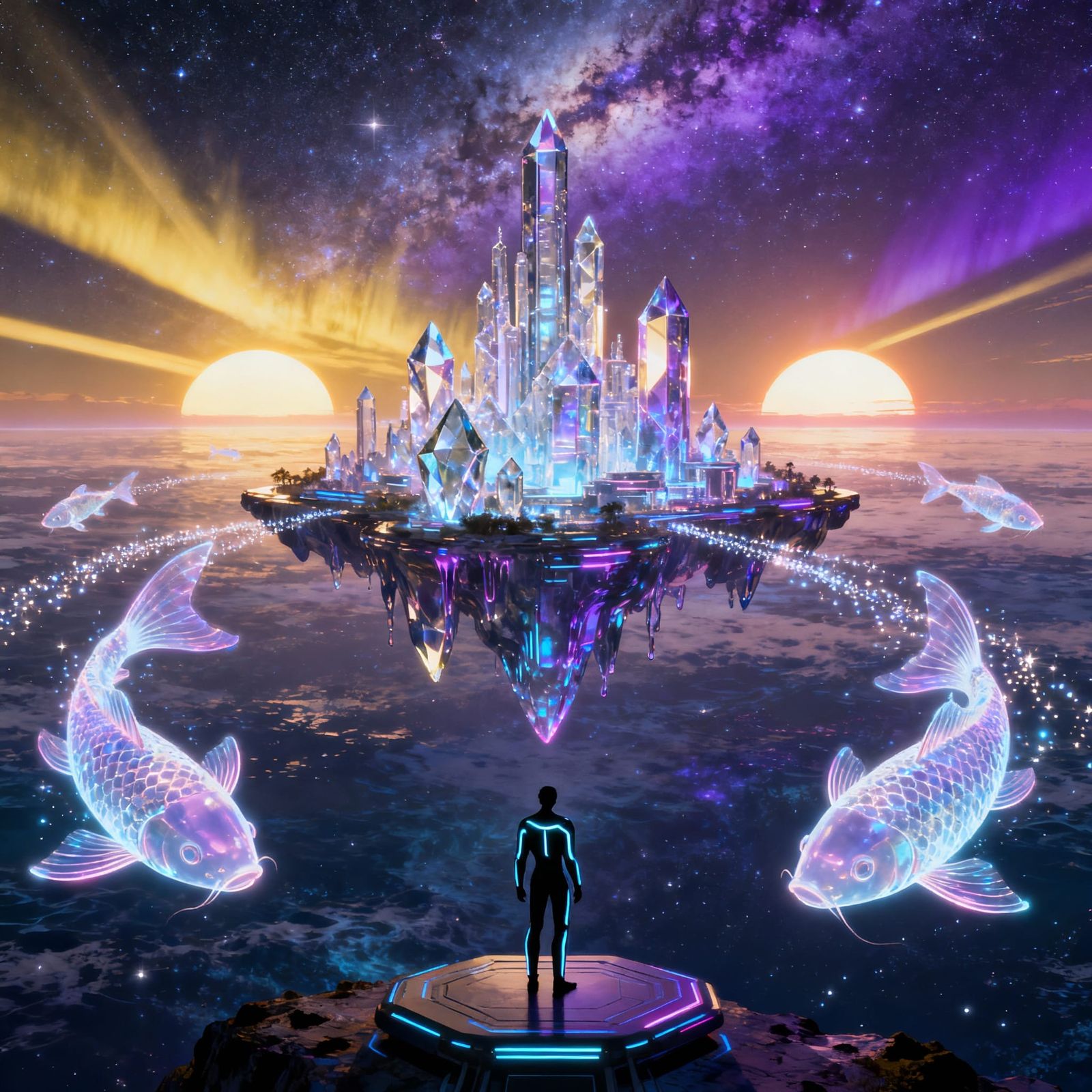 Futuristic Crystal City in Cosmic Ocean with Holographic Koi