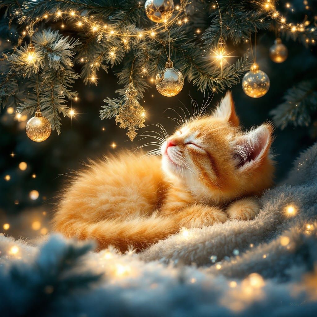 Whimsical Christmas Scene with Sleeping Kitten
