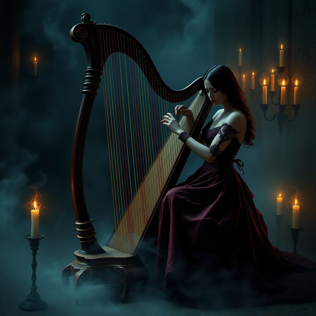 Mysterious Woman Plays Harp in a Haunting, Gothic Chamber