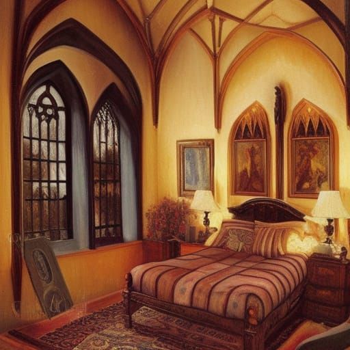 Gothic Bedroom Interior as Oil Painting