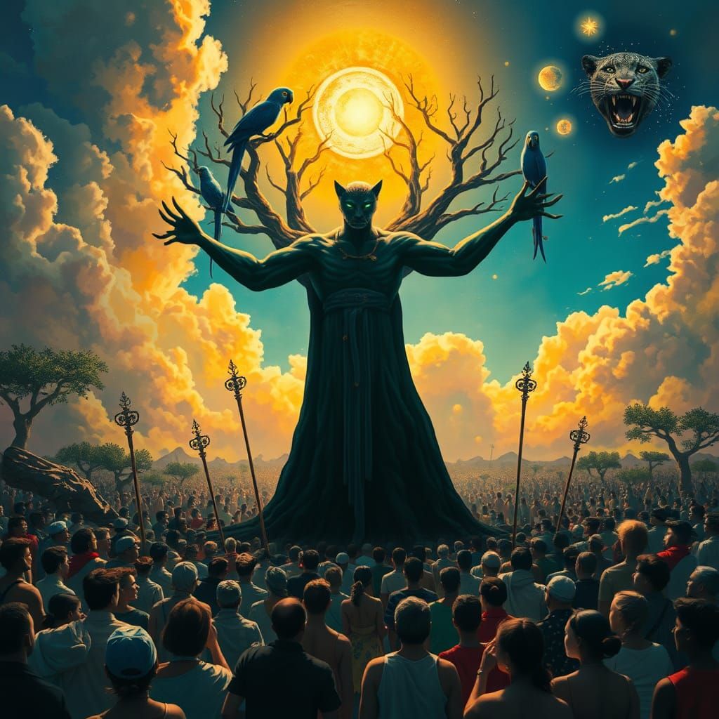 Surreal Shaman Leopard with Crowds in Dreamlike Scene