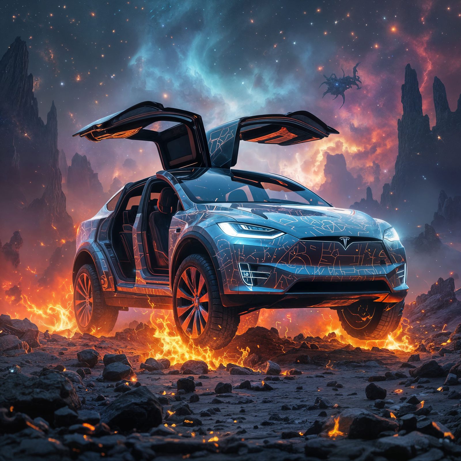 Tesla Rising from Ashes in Cosmic Nebula