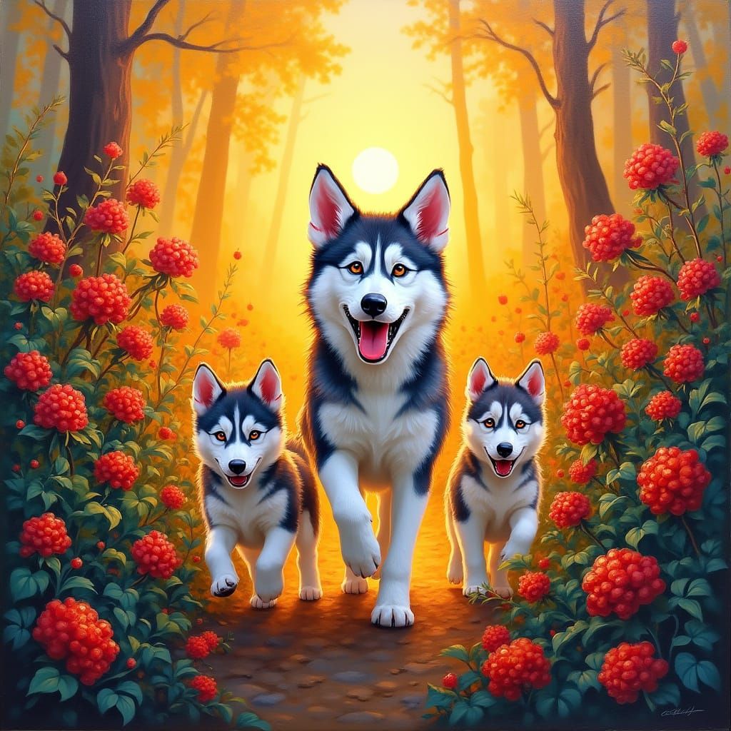 Happy Husky Mother and Pups in Vibrant Berry Garden at Sunse...
