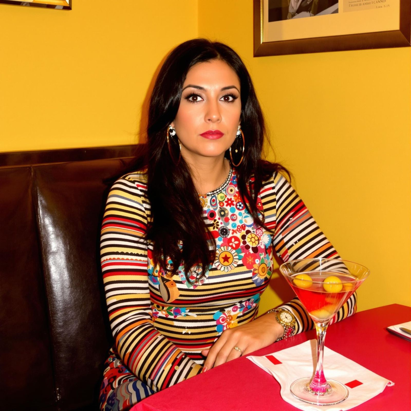 Woman in Intimate Restaurant Setting with Striped Top