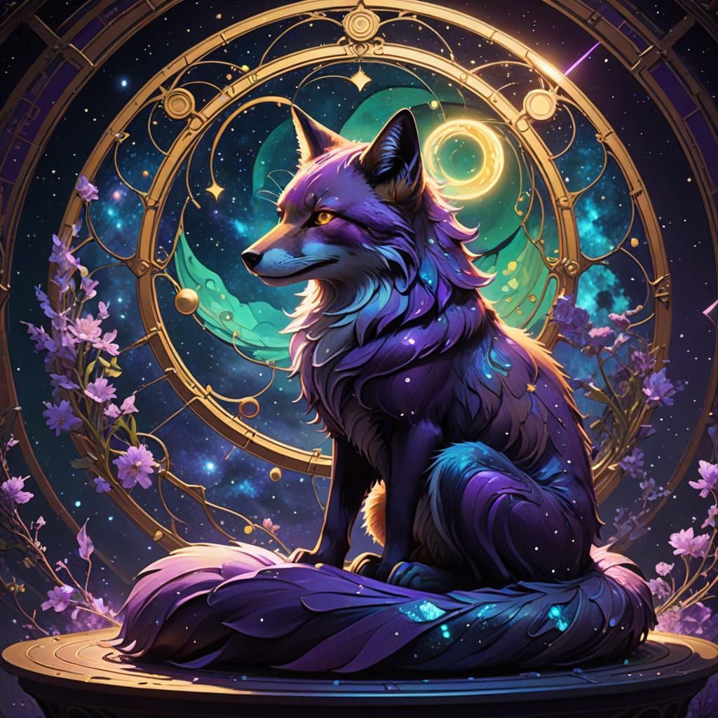 Bioluminescent Fox in Cosmic Yin Yang, Dark Fantasy Style