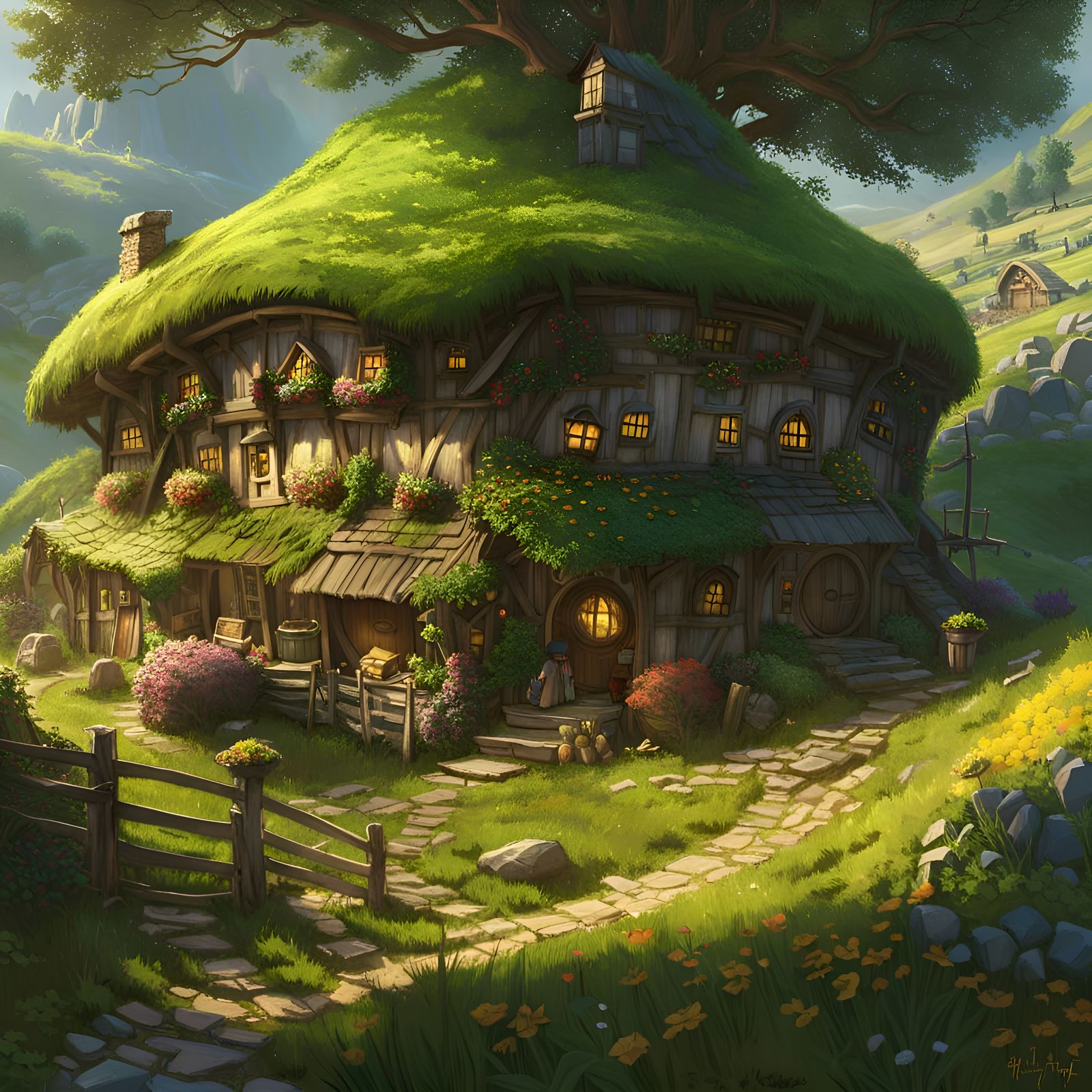Charming Hobbit Village in Lush Green Landscape