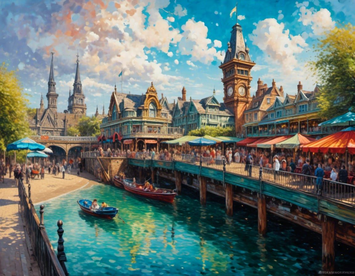 picture postcard Victorian seaside pier, amusement rides, ar...