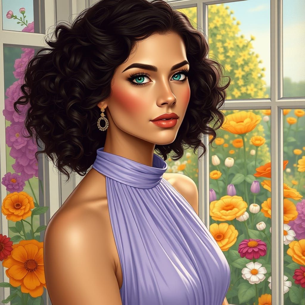 Elegant Woman in Art Nouveau Style with Flower Garden