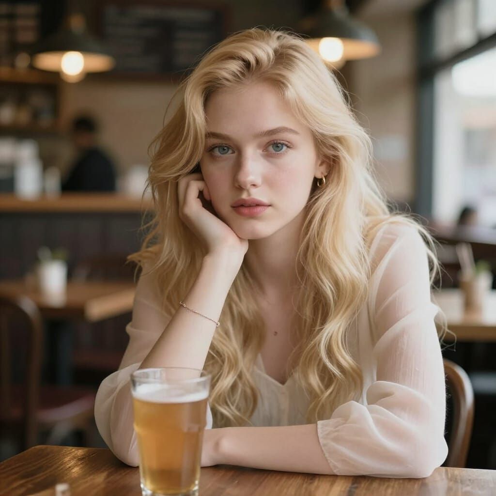 Ethereal Blonde Girl Relaxing in a Cozy Pub