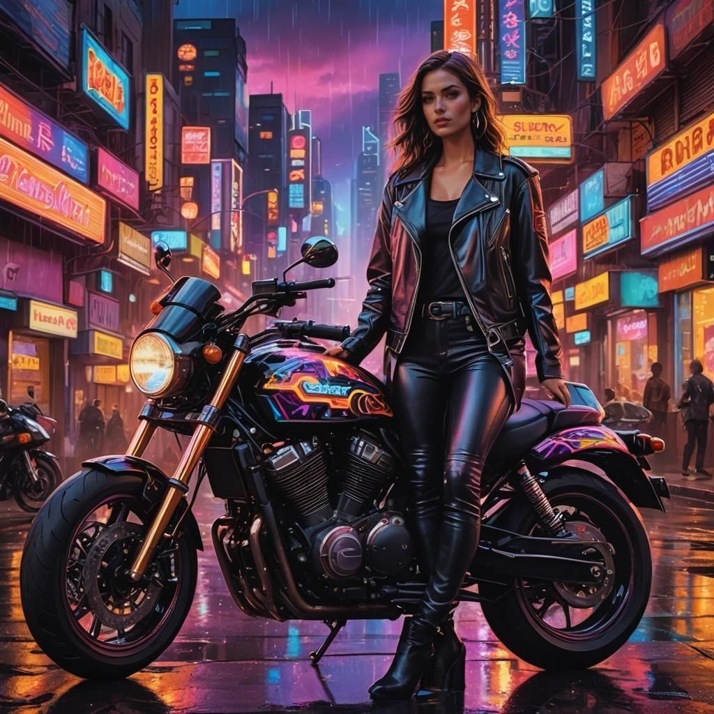 Neon Cityscape: Woman and Motorcycle in Detailed Matte Paint...