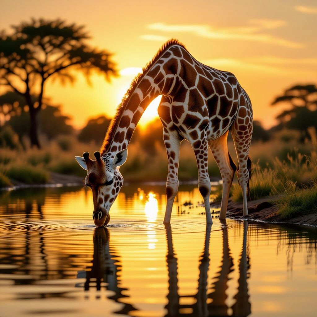 Giraffe Drinking Water at Golden Sunset, Calm Reflection