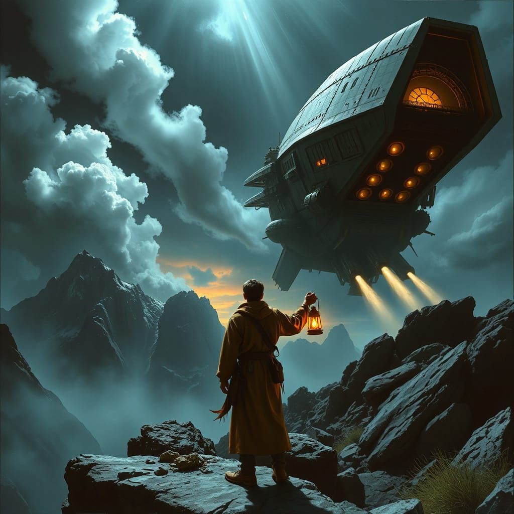 Survivor with Lantern on Spaceship Precipice, Dark Fantasy S...