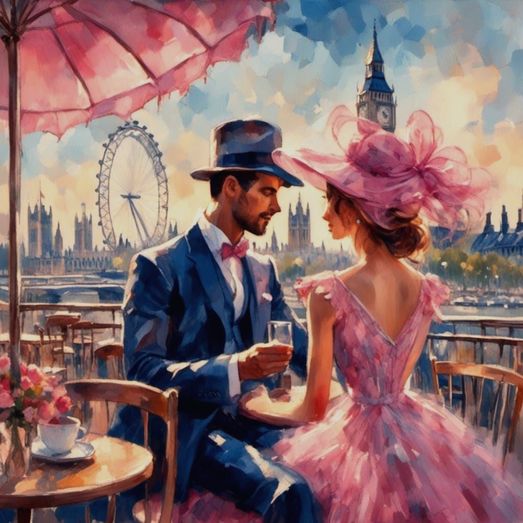 London Cafe Scene in Impressionist Gouache Style