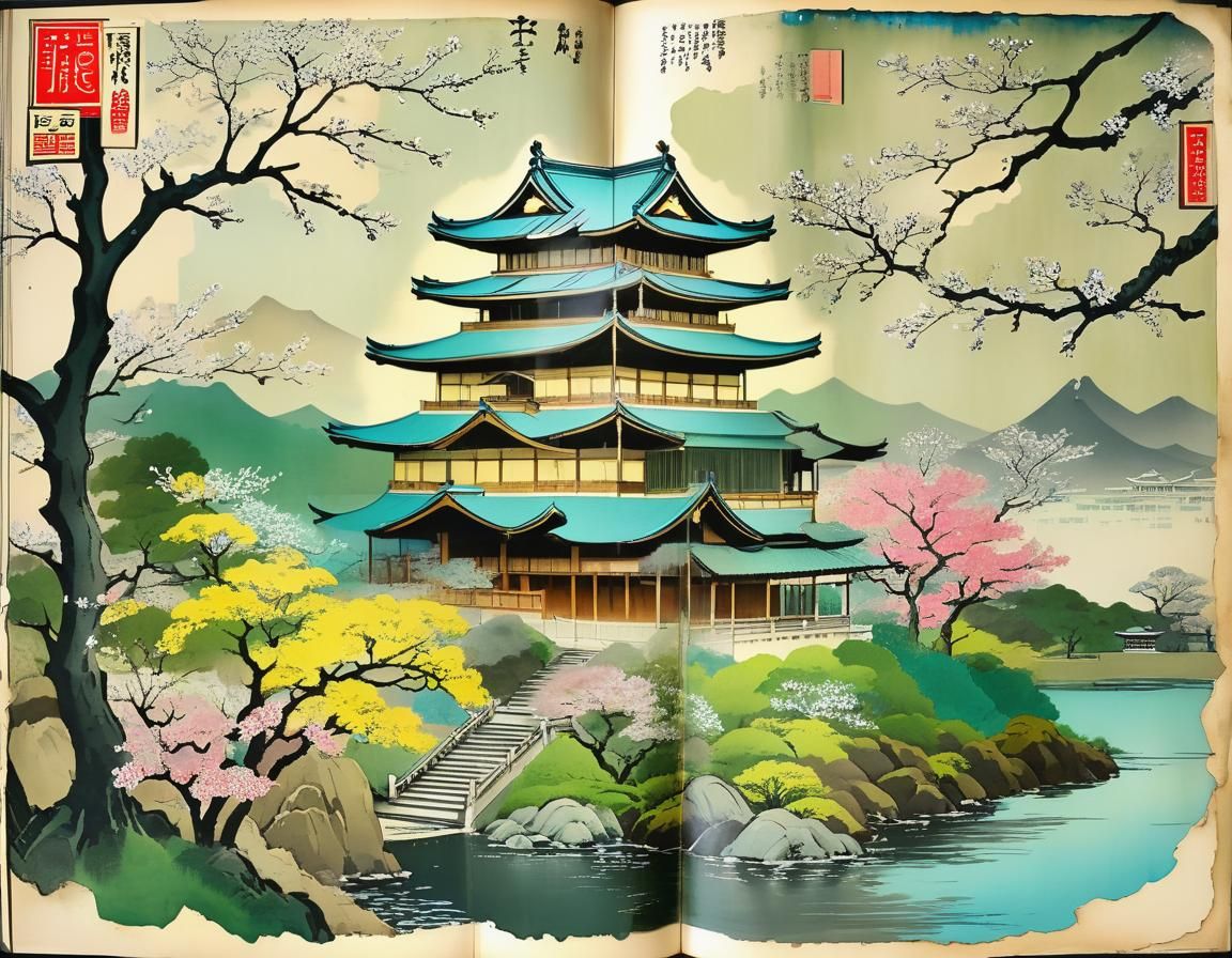 Japanese Emperor's Palace in Spring: Ukiyo-e Illustration