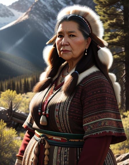 Photorealistic Portrait of Native American Woman in Mountain...