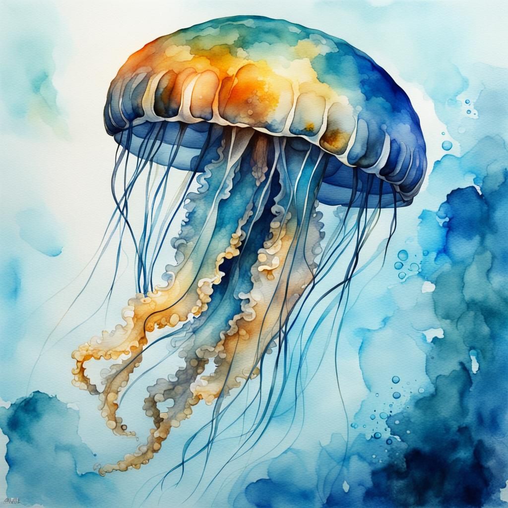 Blue Jellyfish Watercolor Portrait in Thomas Moran Style