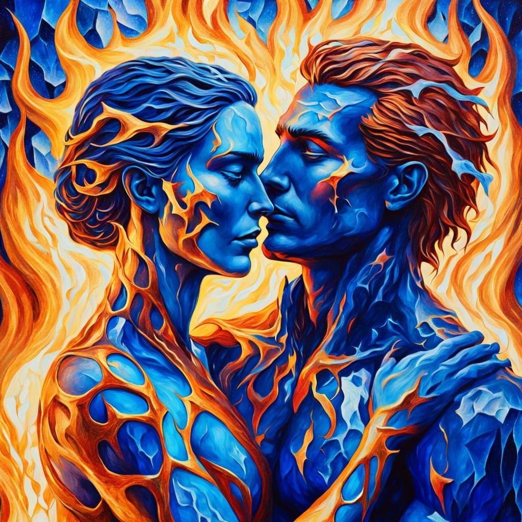 Icy Man and Fiery Woman in Surrealist Oil Painting