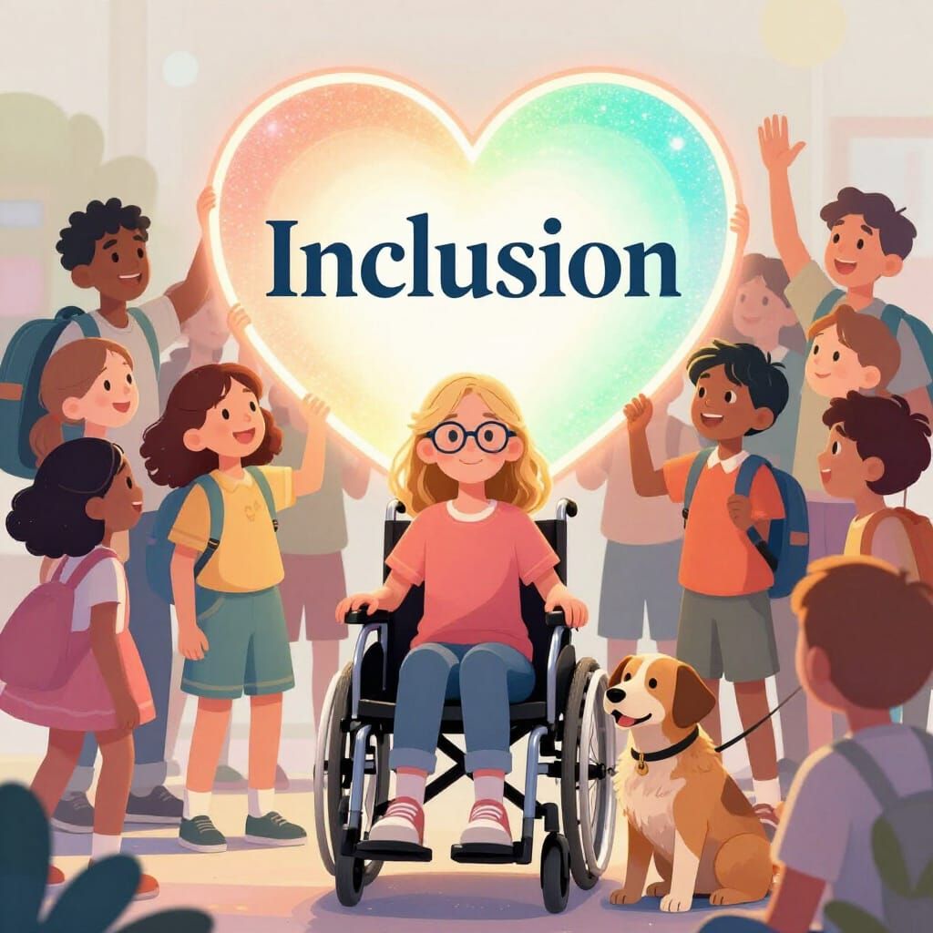 Students Hold "Inclusion" Heart in Pastel Colors