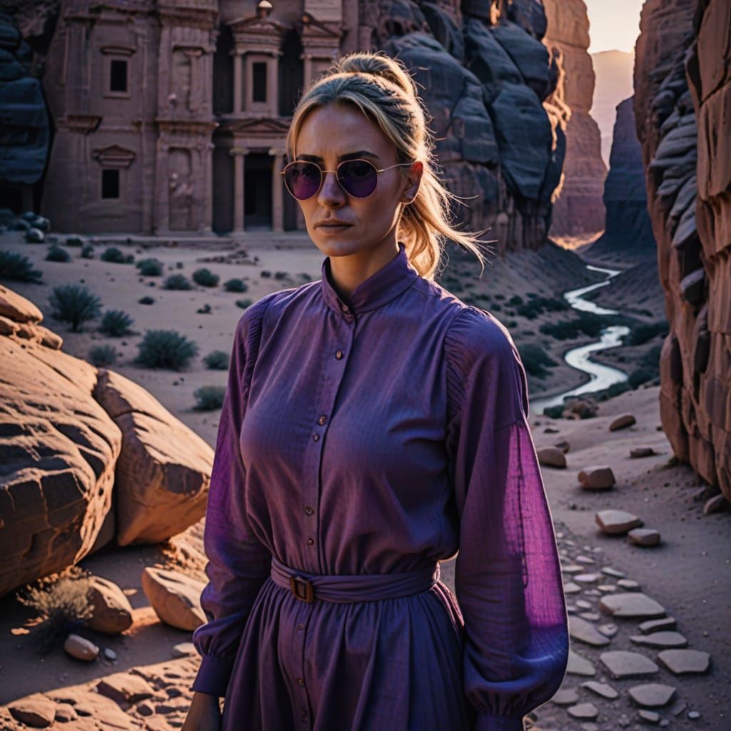 Blond Woman in Purple Dress at Petra Sunset