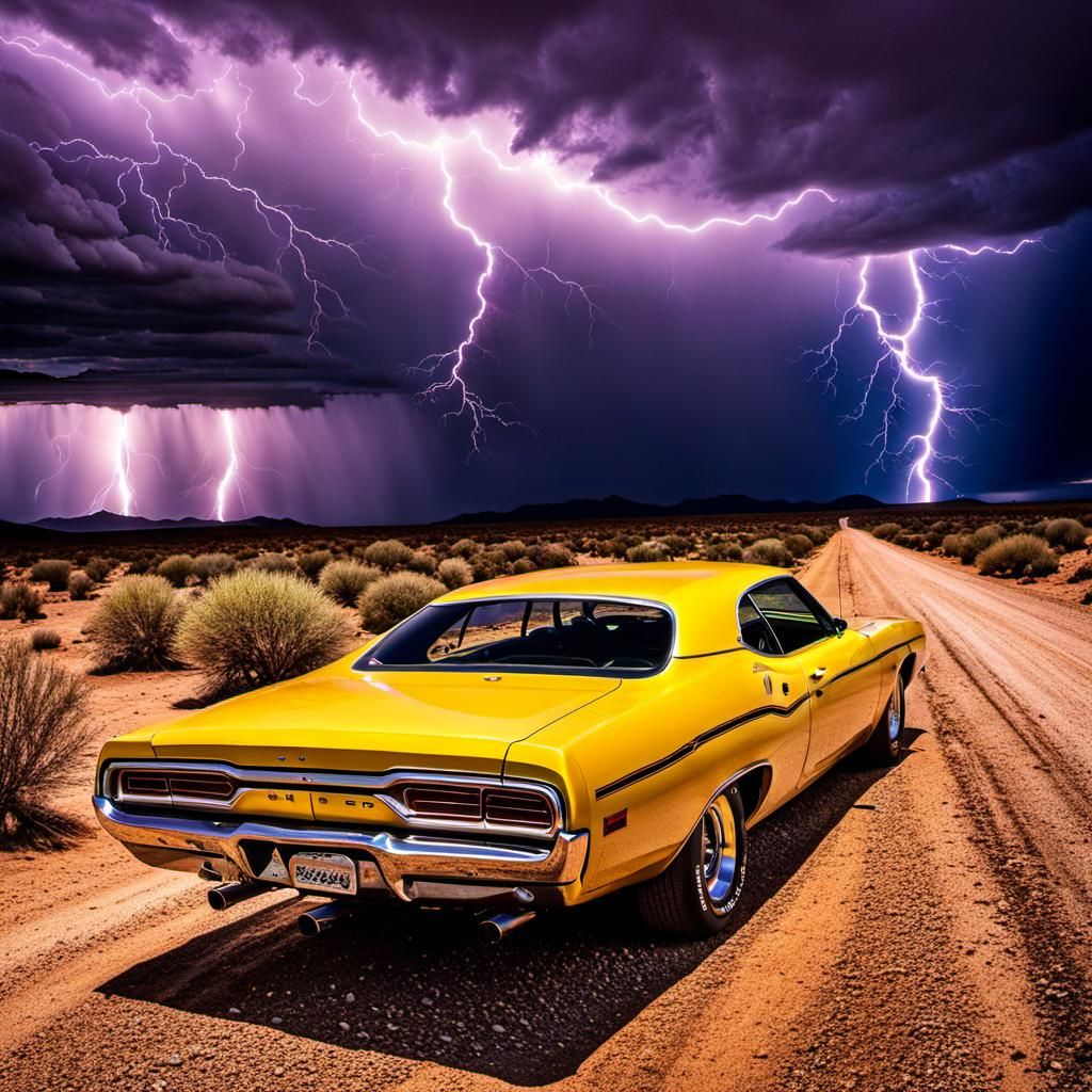 Plymouth Roadrunner in Desert Thunderstorm