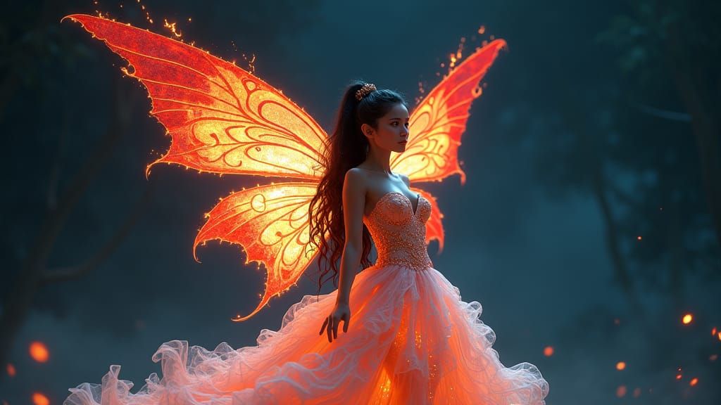 Latina Elf in Bioluminescent Gown with Fiery Wings