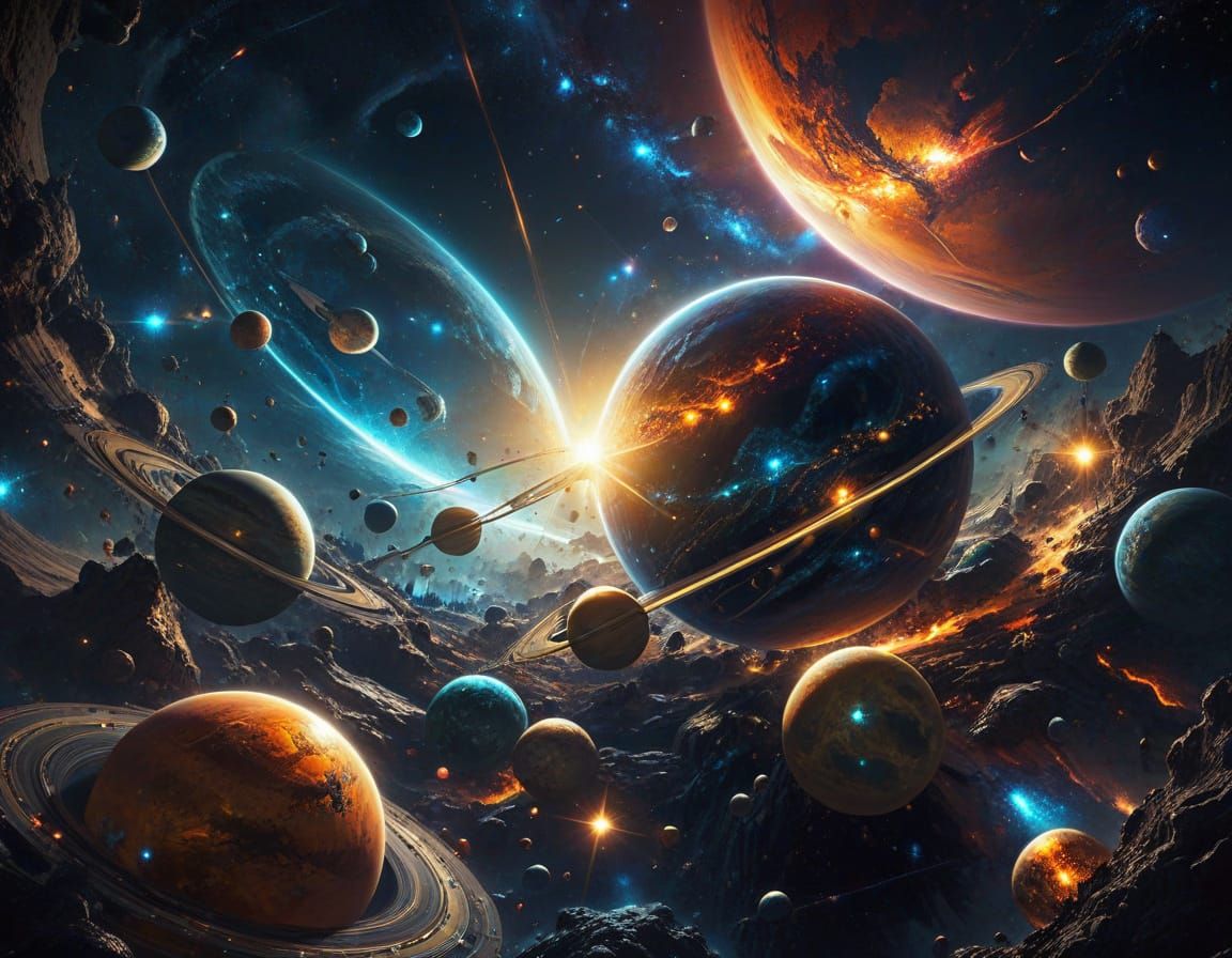 Surrealist Cosmic Masterpiece with Radiant Celestial Bodies