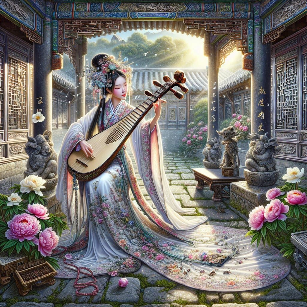 Chinese Woman Plays Pipa in Courtyard: Digital Art