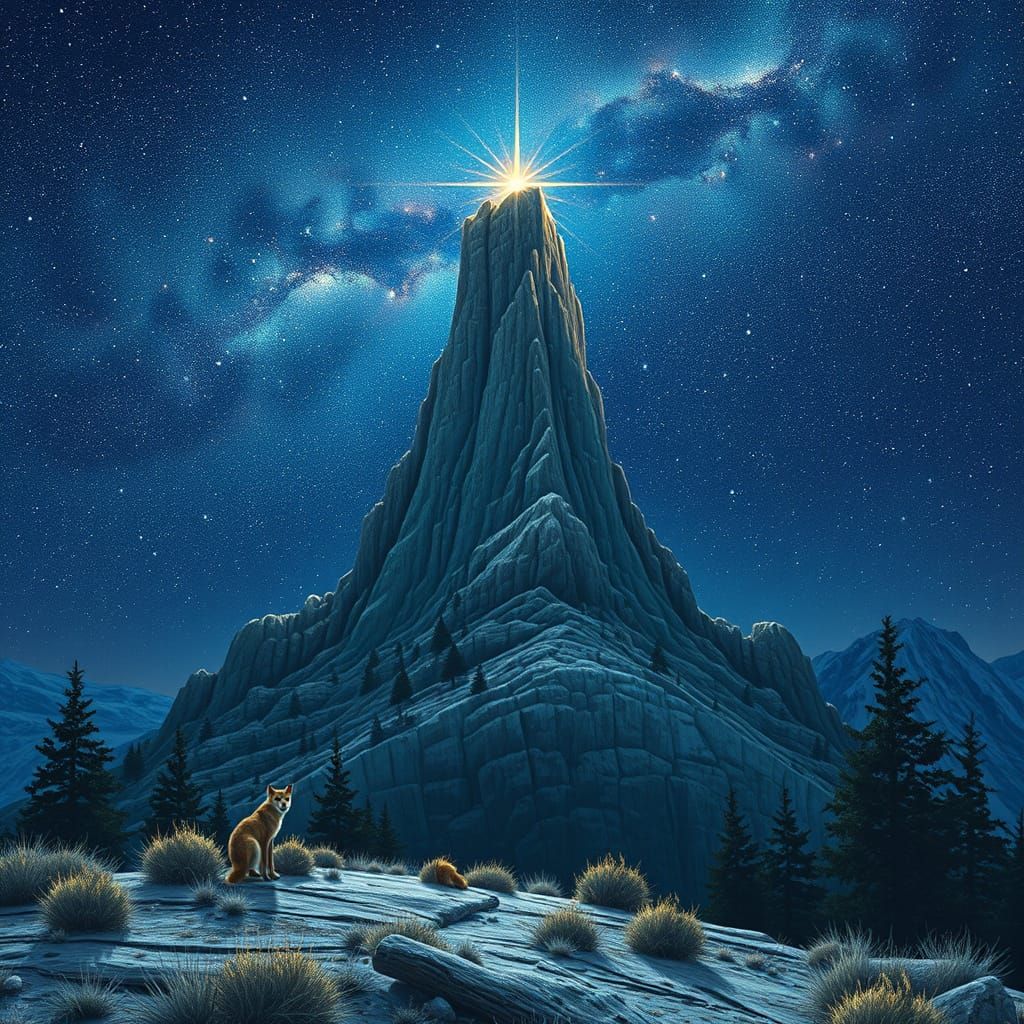 Cosmic Stone Tower with Coyotes in Starry Sky