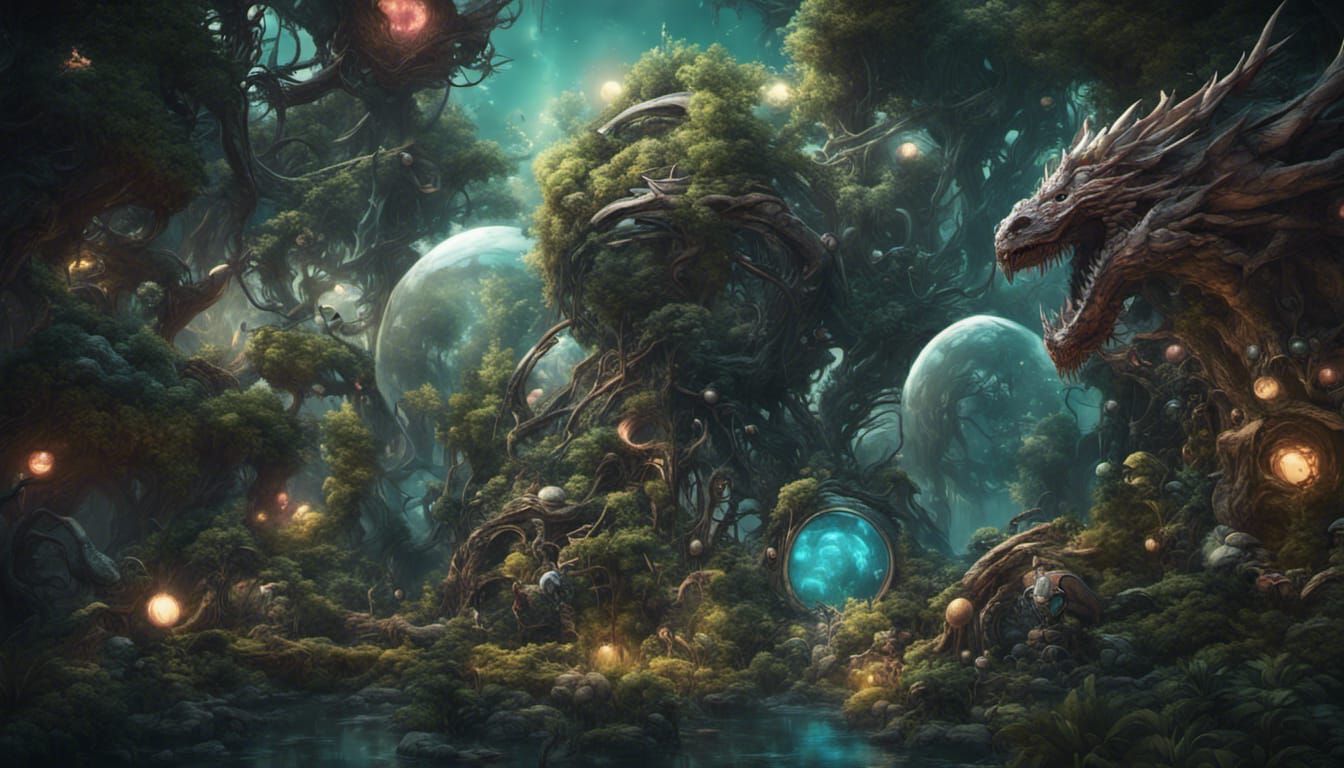 Mechanical Dragon in Twisted Space Jungle Art