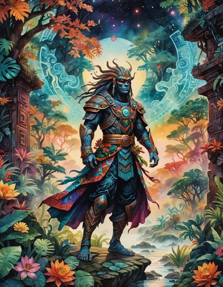 Alien Priest in Bioluminescent Jungle: Watercolor Art