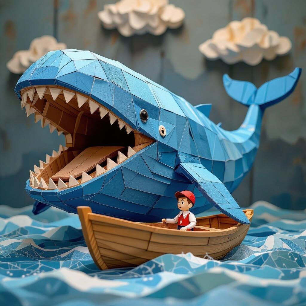 Wooden Whale with Pinocchio in Origami-Inspired Style