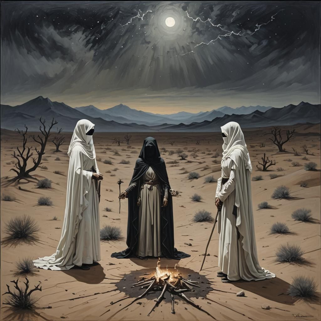 Desert Veiled Figures with Piano, Dark Fantasy Art