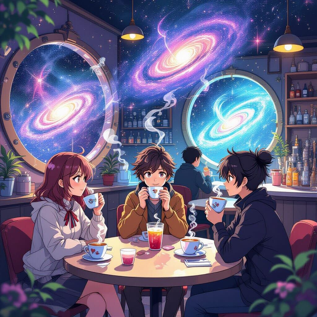 Interdimensional Cafe with Galaxy Cups and Reality Portals
