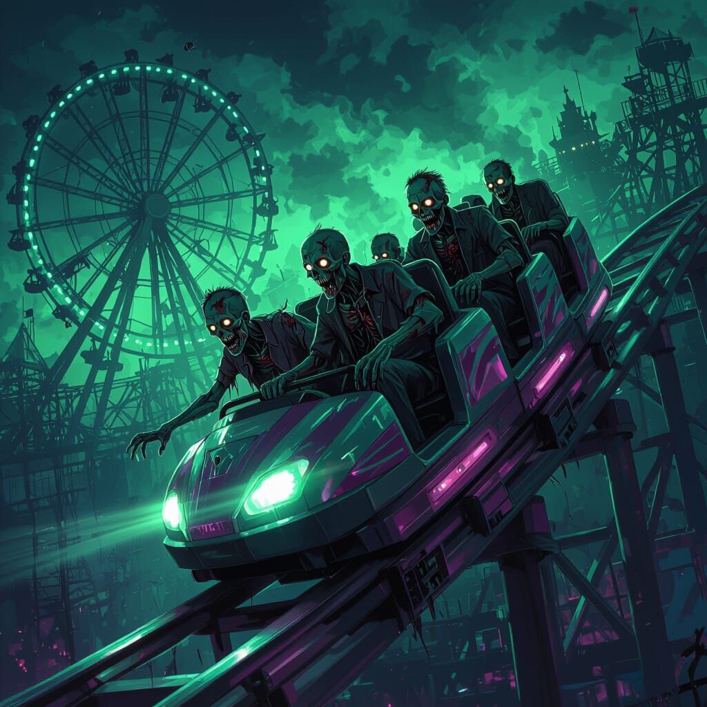 Zombies Ride Rollercoaster in Dark Fantasy Amusement Park