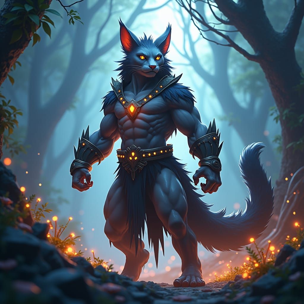 Heroic Anthropomorphic Cat in Mystical Forest