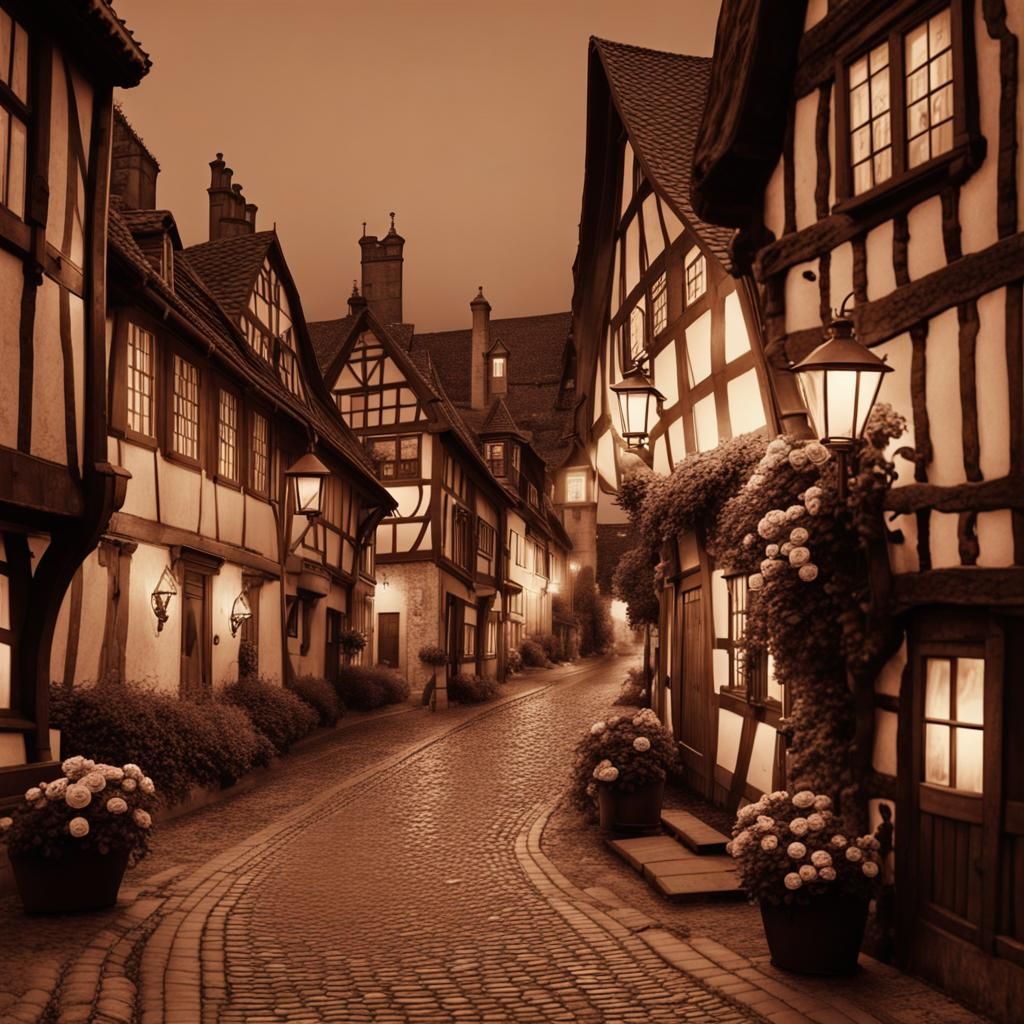 Romantic Medieval Street at Night in Sepia Tone