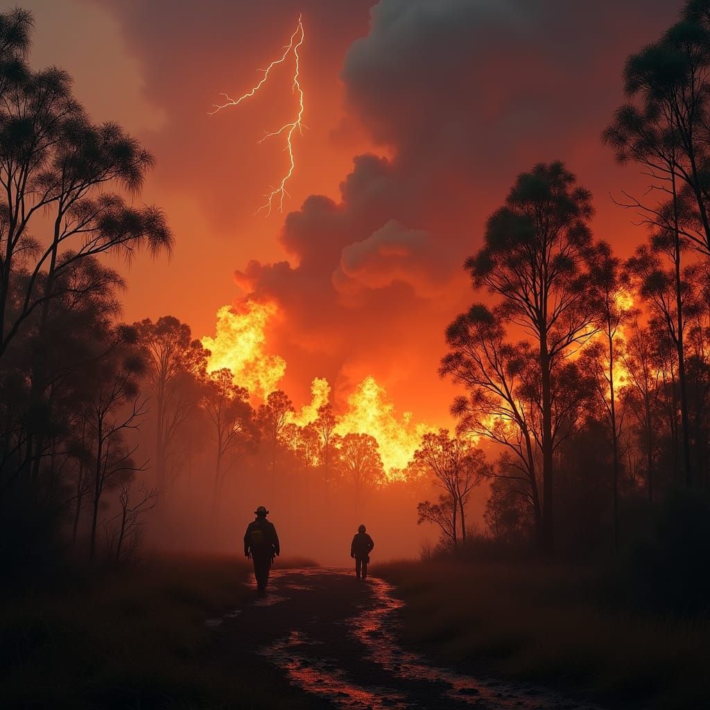 Raging Bushfire in Eucalyptus Forest with Firefighters