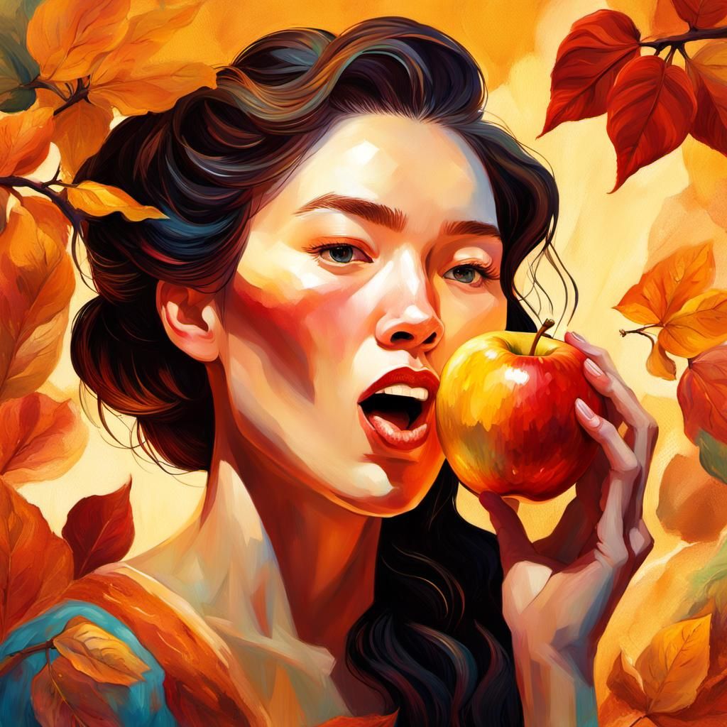 Woman Bites Apple in Autumn Light, Impasto Style