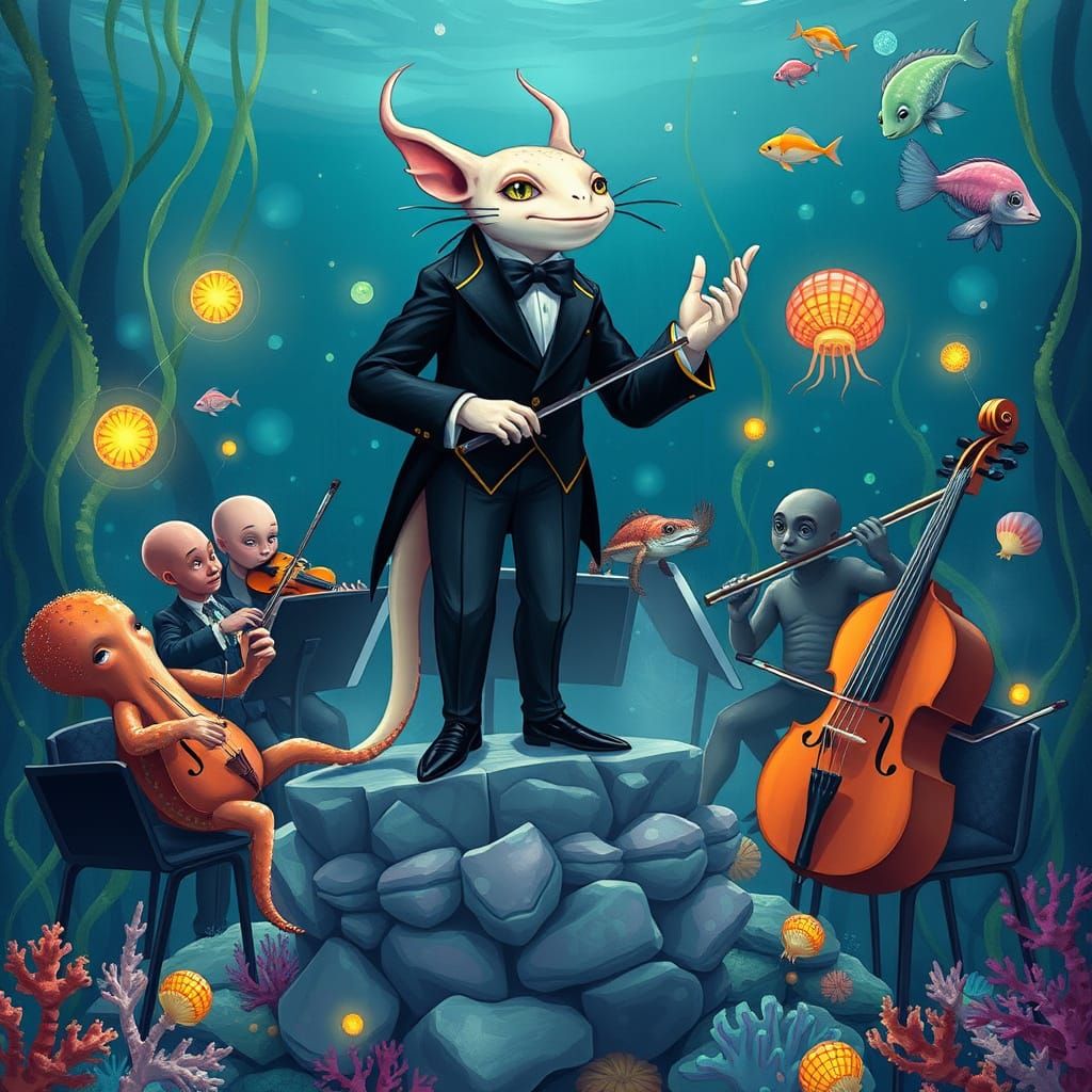 Underwater Maestro: Axolotl Conductor in Sea Creature Sympho...
