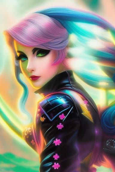 Neon-Ink Anime Mage Goddess in Flowerpunk Style