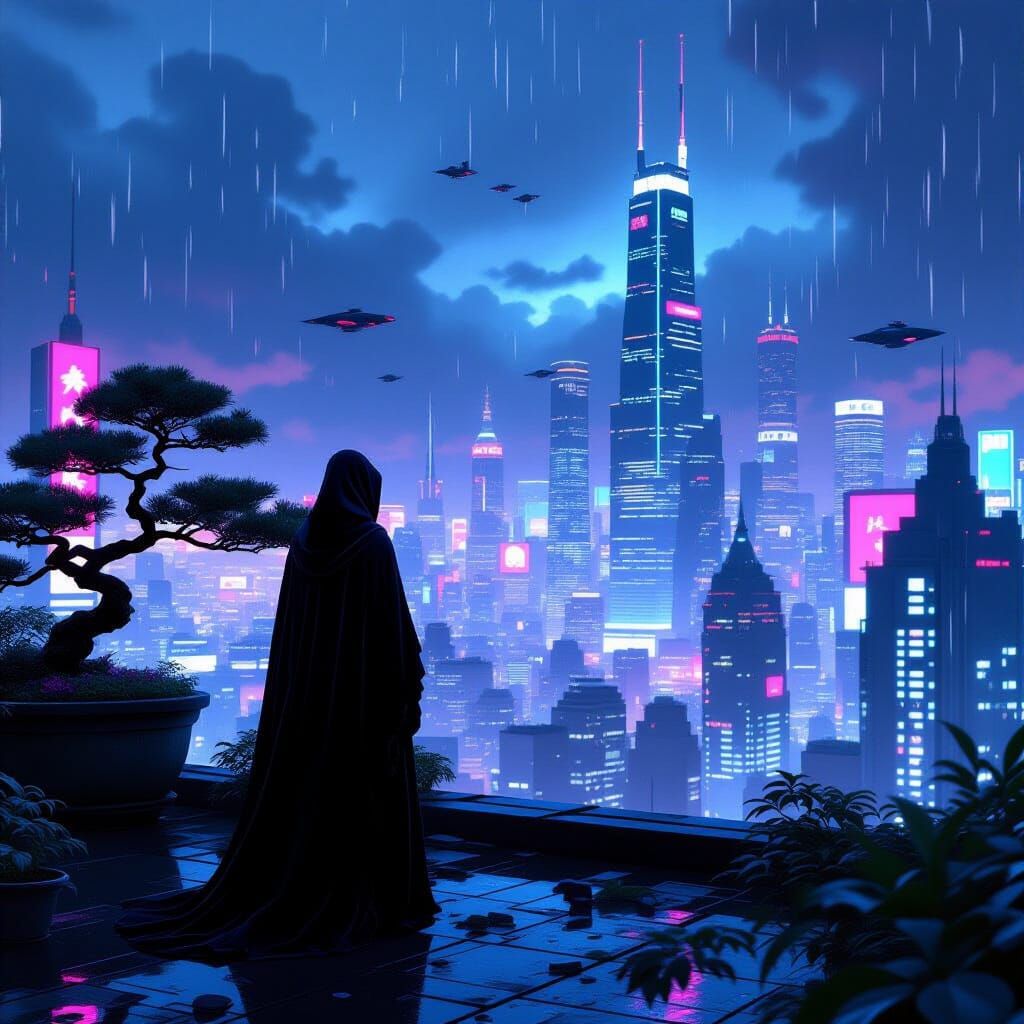 Futuristic Megacity at Night in Cyberpunk Noir Style